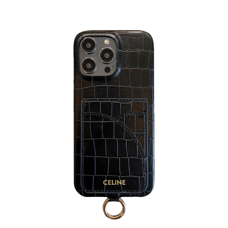 Alligator Print Celine iPhone Case With Card Holder And Strap Green