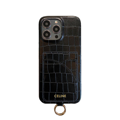 Alligator Print Celine iPhone Case With Card Holder And Strap Green