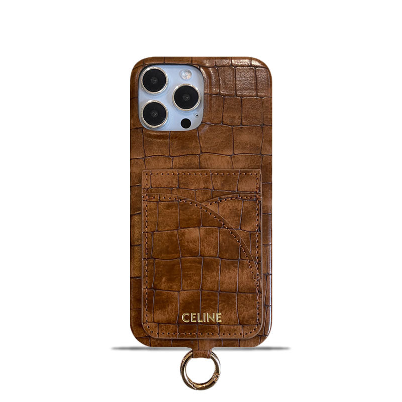 Alligator Print Celine iPhone Case With Card Holder And Strap Brown