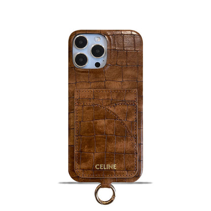 Alligator Print Celine iPhone Case With Card Holder And Strap Brown