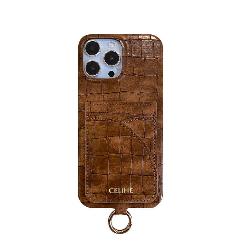 Alligator Print Celine iPhone Case With Card Holder And Strap Brown