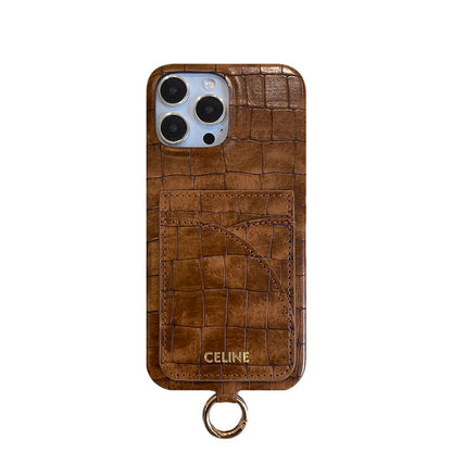 Alligator Print Celine iPhone Case With Card Holder And Strap Green
