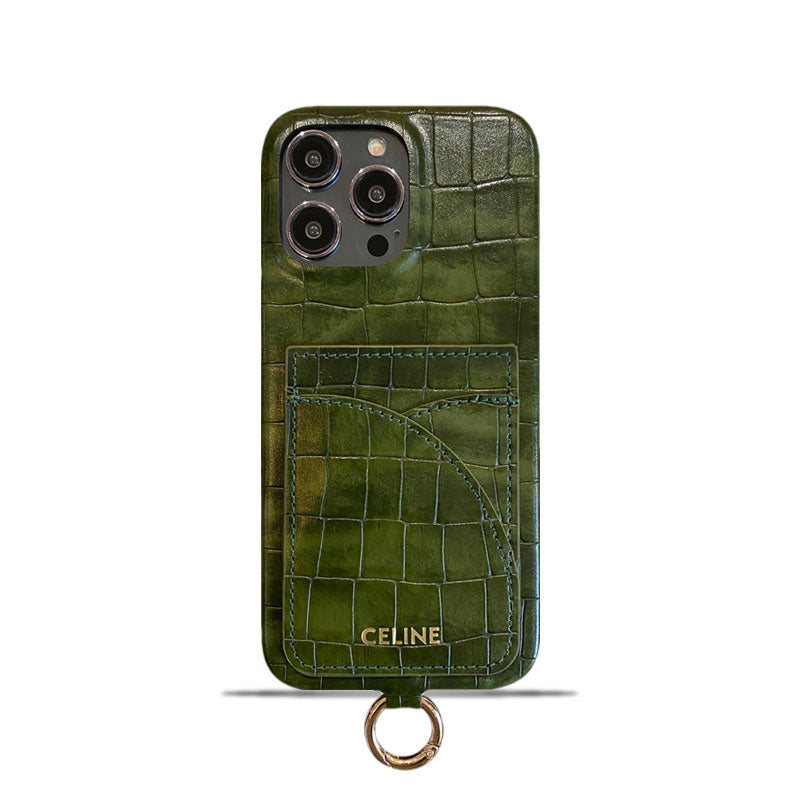 Alligator Print Celine iPhone Case With Card Holder And Strap Green