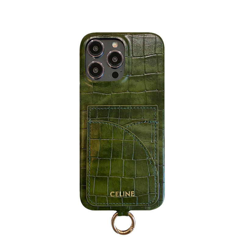 Alligator Print Celine iPhone Case With Card Holder And Strap Green