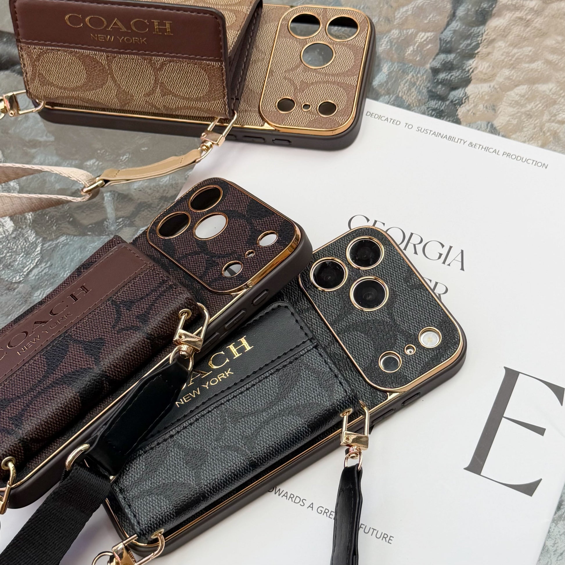 Vintage Signature Pattern iPhone Case | Card Holder & Crossbody Strap