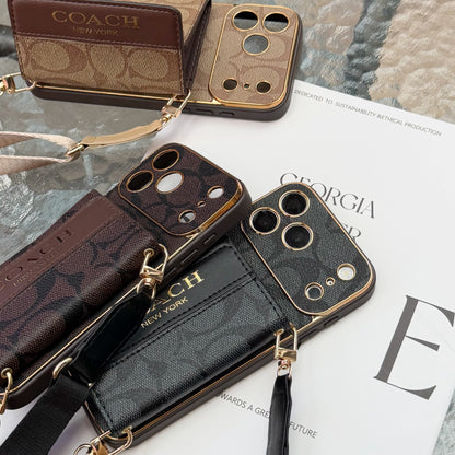 Vintage Signature Pattern iPhone Case | Card Holder & Crossbody Strap