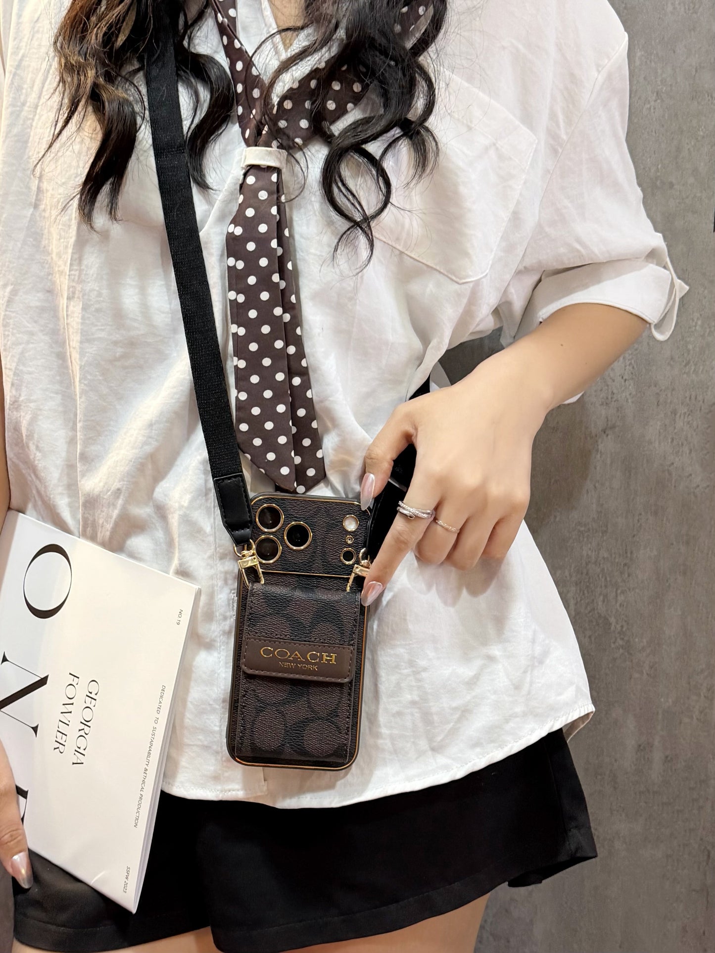 Vintage Signature Pattern iPhone Case | Card Holder & Crossbody Strap