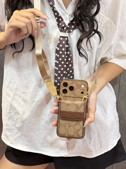 Vintage Signature Pattern iPhone Case | Card Holder & Crossbody Strap
