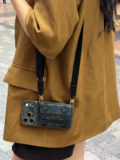 Vintage Signature Pattern iPhone Case | Card Holder & Crossbody Strap