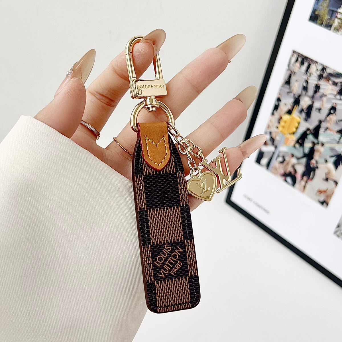 Luxury Leather Keychain Charm with Gold Accents