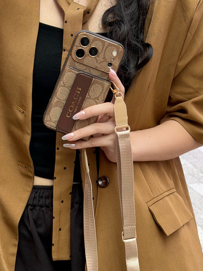 Vintage Signature Pattern iPhone Case | Card Holder & Crossbody Strap
