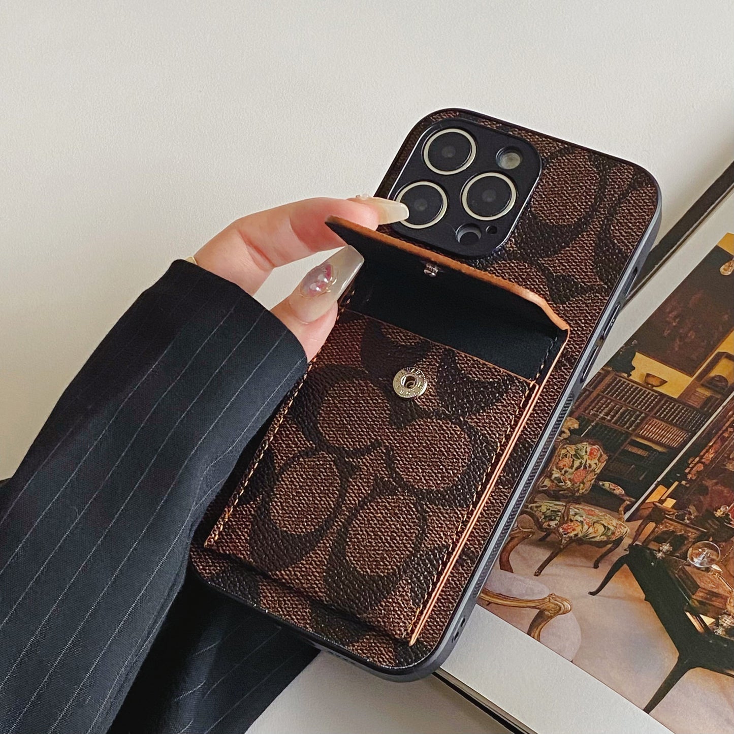 Classic iPhone Case With Wallet Dark Brown-