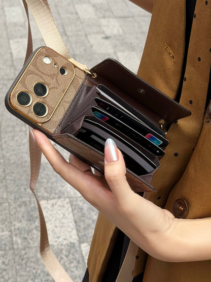 Vintage Signature Pattern iPhone Case | Card Holder & Crossbody Strap