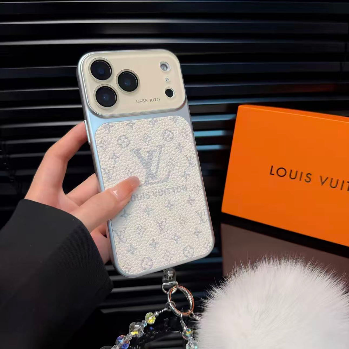 Luxury Monogram Leather Protective iPhone Case - Cream & Silver Edition