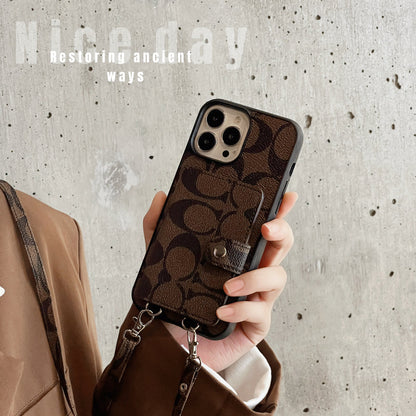 Classic iPhone Case With Wallet And Strap Brown
