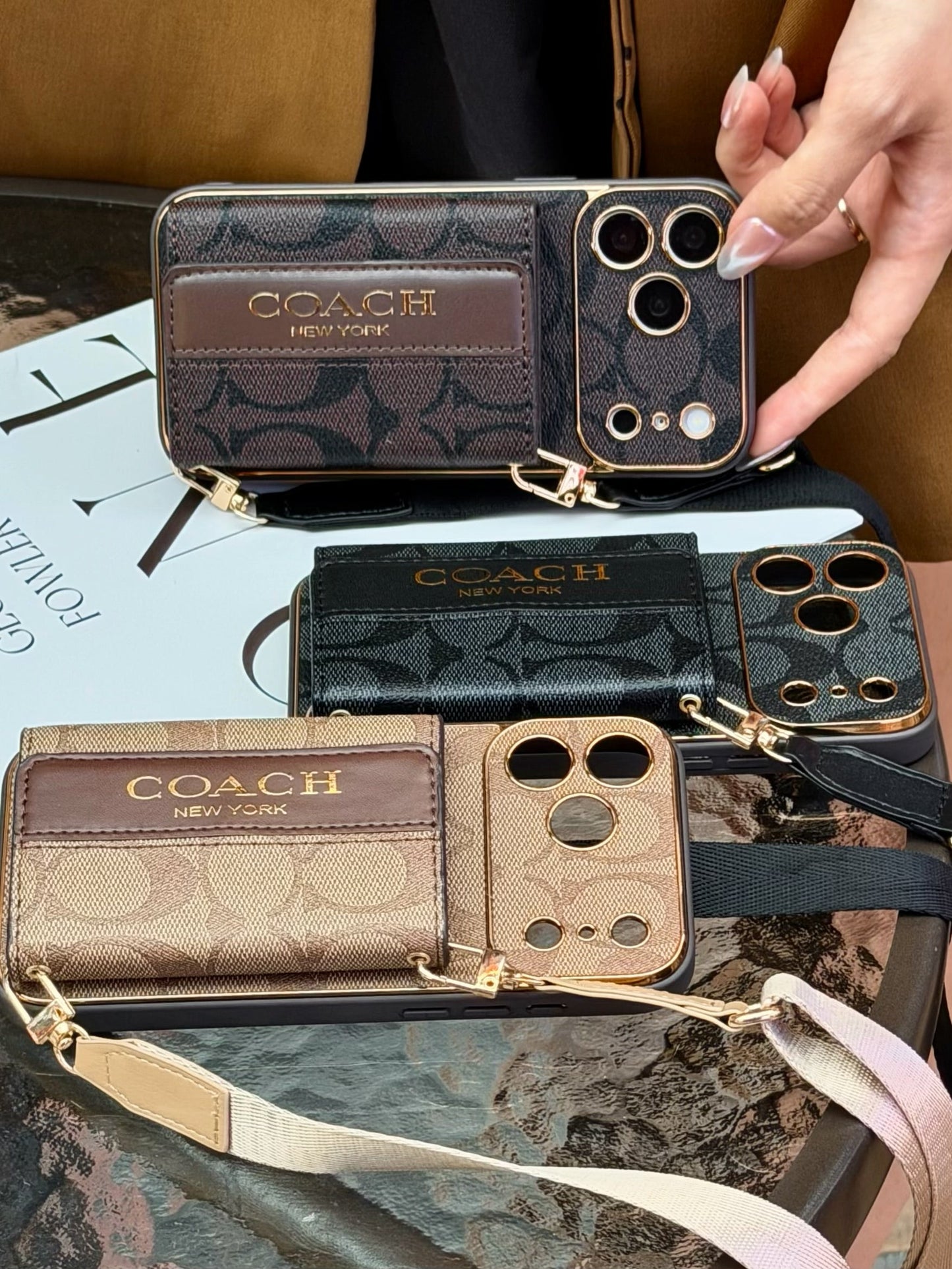 Vintage Signature Pattern iPhone Case | Card Holder & Crossbody Strap