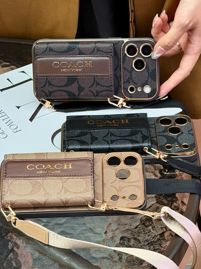 Vintage Signature Pattern iPhone Case | Card Holder & Crossbody Strap