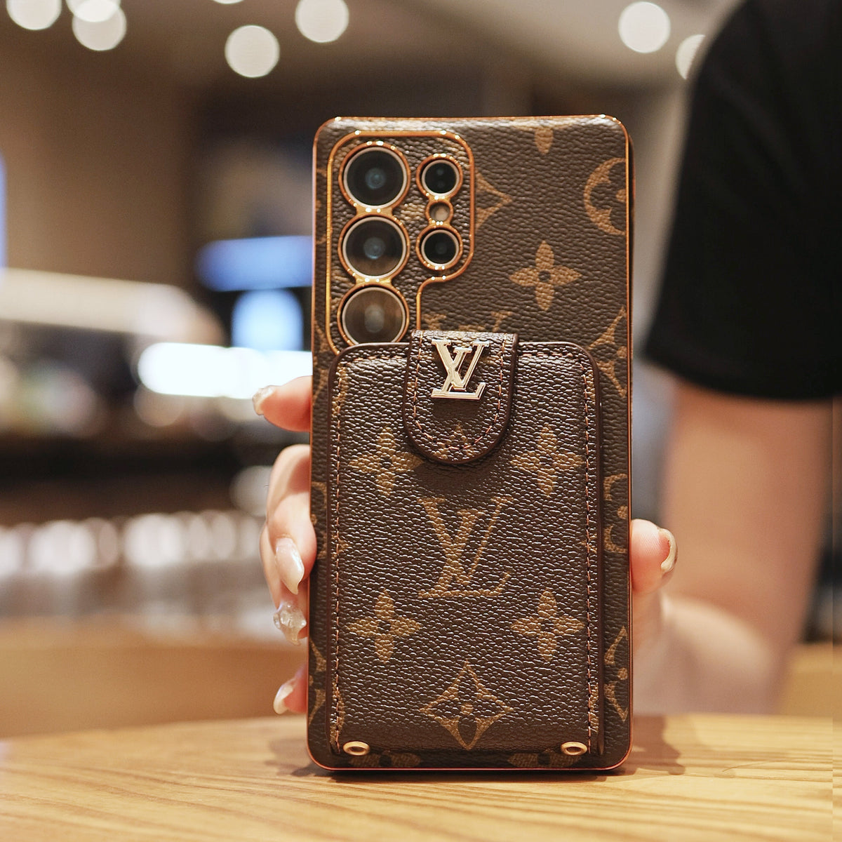 Luxury Monogram Leather Multi-Function Phone Case with Wrist Strap