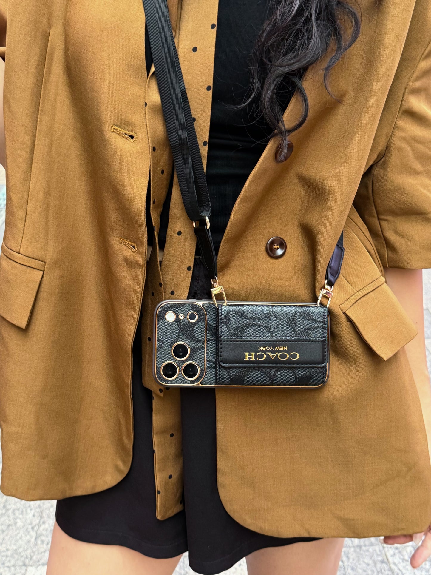 Vintage Signature Pattern iPhone Case | Card Holder & Crossbody Strap