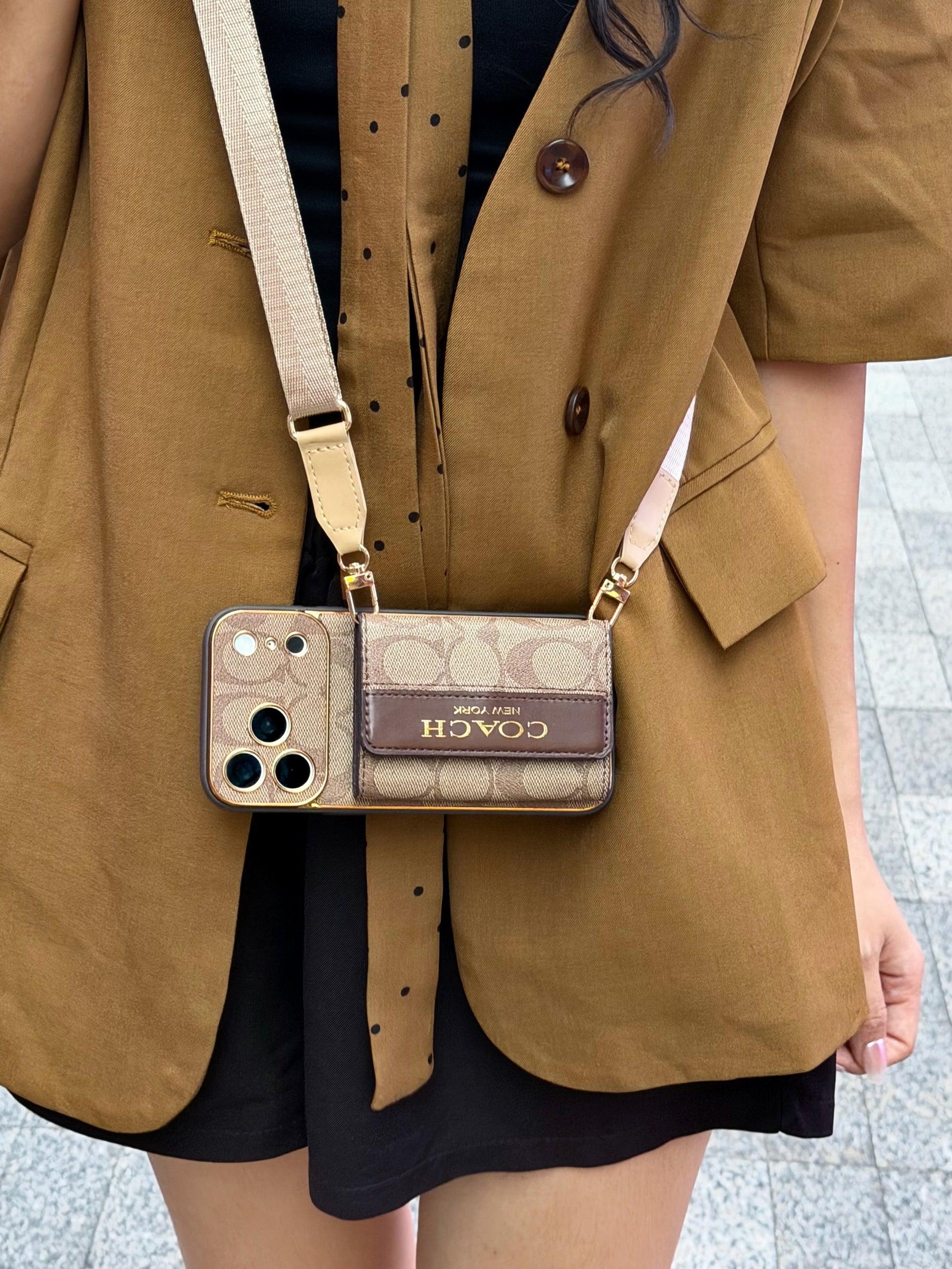 Vintage Signature Pattern iPhone Case | Card Holder & Crossbody Strap