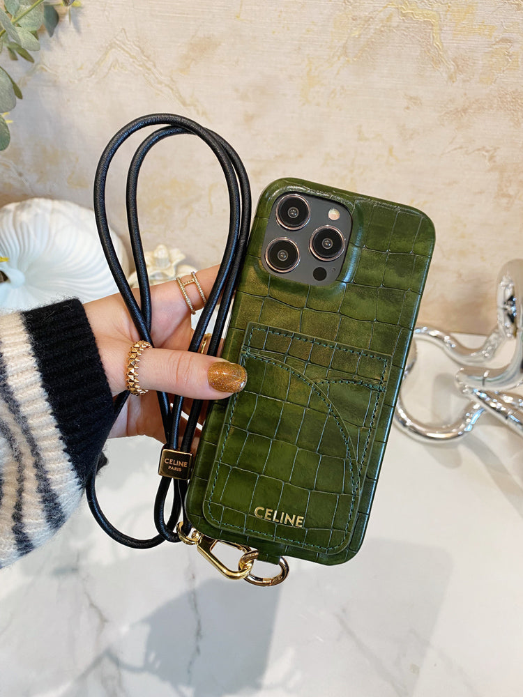 Alligator Print Celine iPhone Case With Card Holder And Strap Green