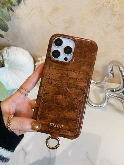 Alligator Print Celine iPhone Case With Card Holder And Strap Brown