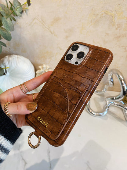 Alligator Print Celine iPhone Case With Card Holder And Strap Brown