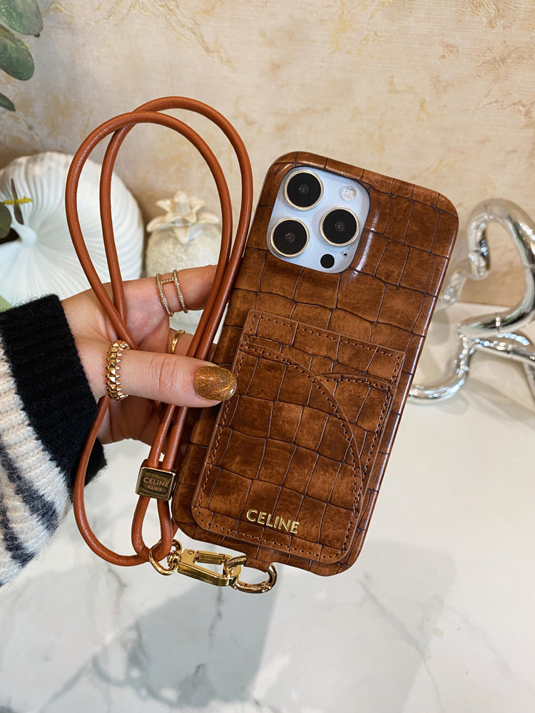 Alligator Print Celine iPhone Case With Card Holder And Strap Brown