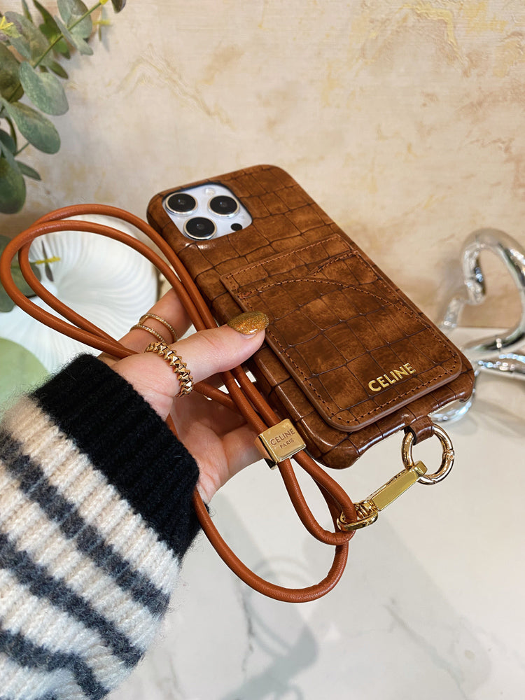 Alligator Print Celine iPhone Case With Card Holder And Strap Brown