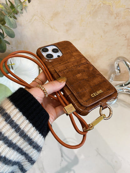Alligator Print Celine iPhone Case With Card Holder And Strap Brown