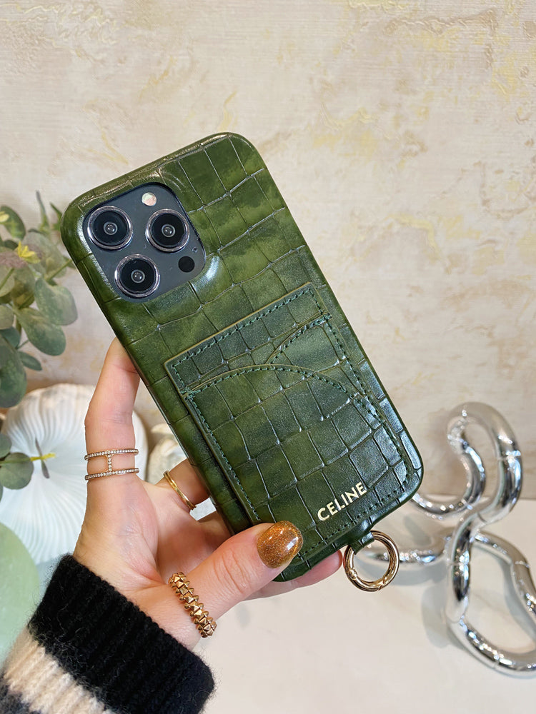 Alligator Print Celine iPhone Case With Card Holder And Strap Green