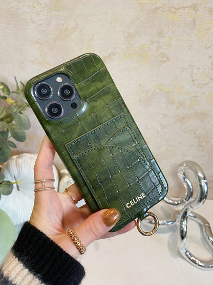 Alligator Print Celine iPhone Case With Card Holder And Strap Green