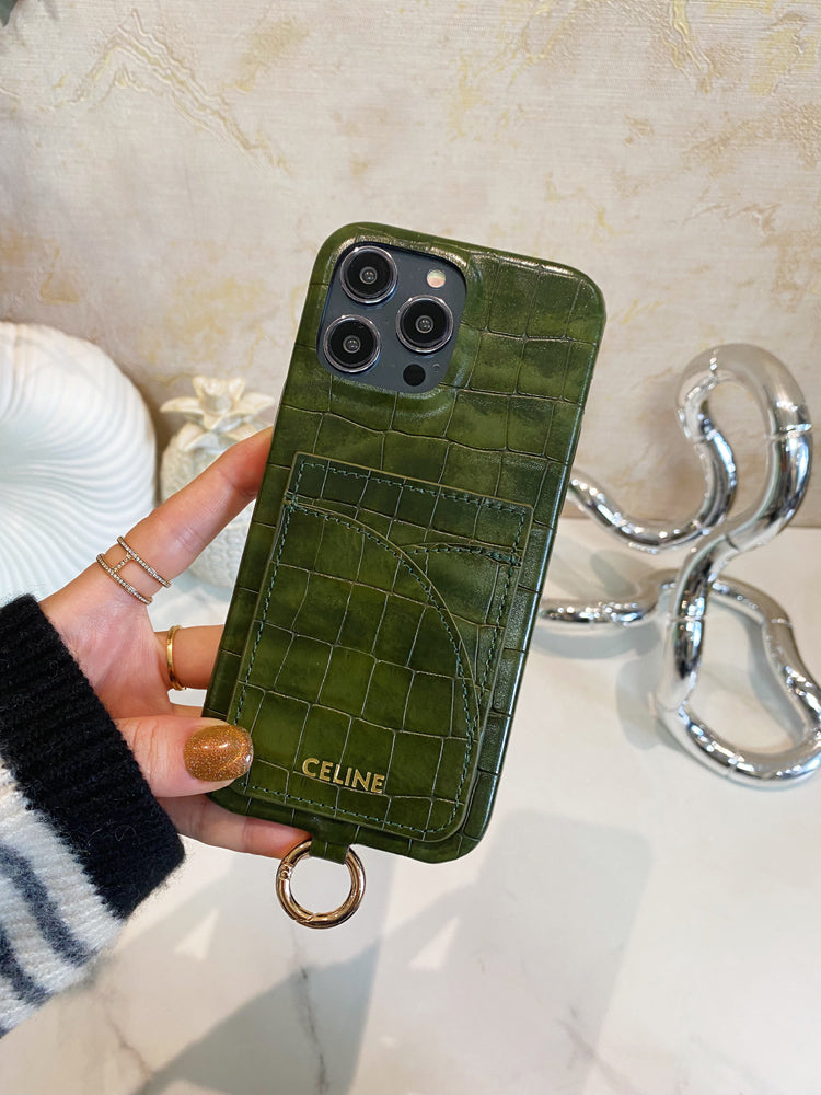 Alligator Print Celine iPhone Case With Card Holder And Strap Green