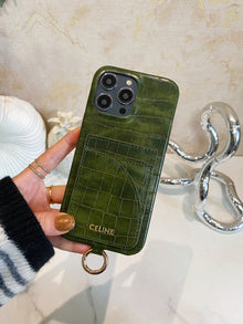 Alligator Print Celine iPhone Case With Card Holder And Strap Green