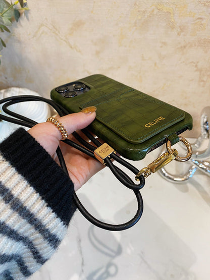 Alligator Print Celine iPhone Case With Card Holder And Strap Green