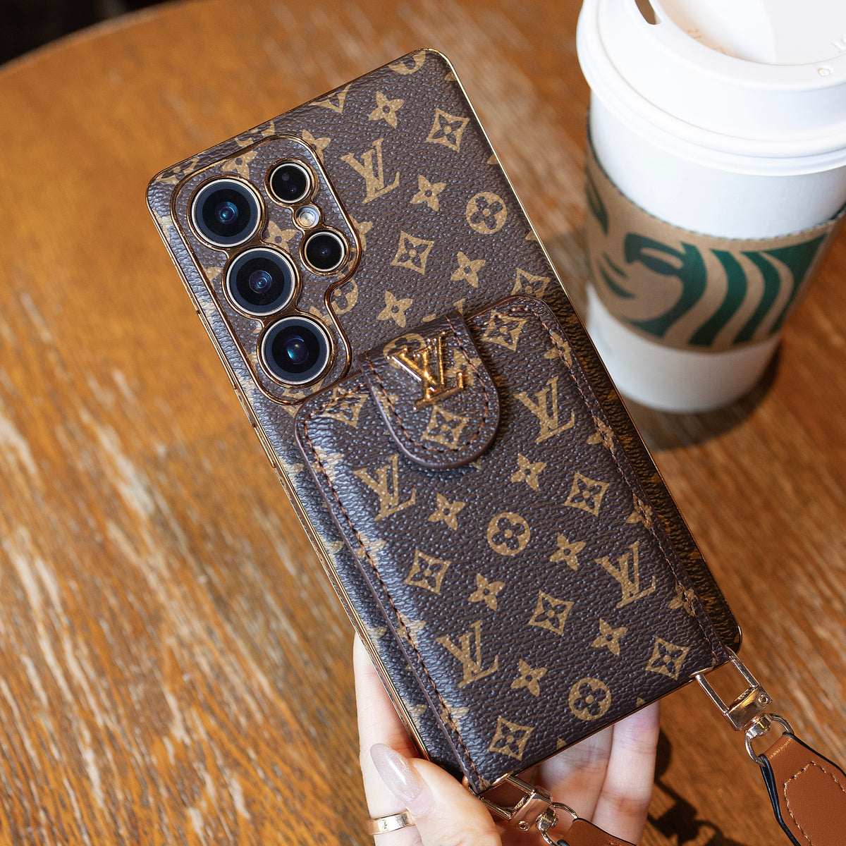 Luxury Monogram Leather Multi-Function Phone Case with Wrist Strap