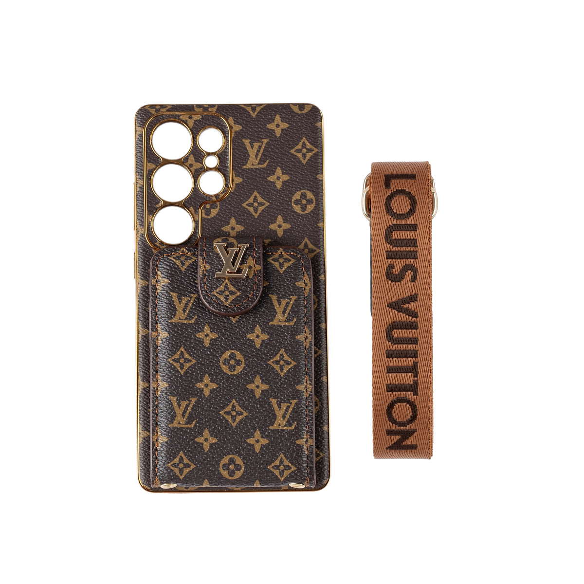 Luxury Monogram Leather Multi-Function Phone Case with Wrist Strap