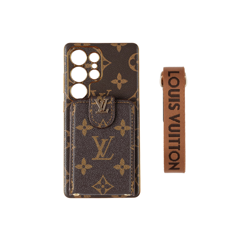 Luxury Monogram Leather Multi-Function Phone Case with Wrist Strap