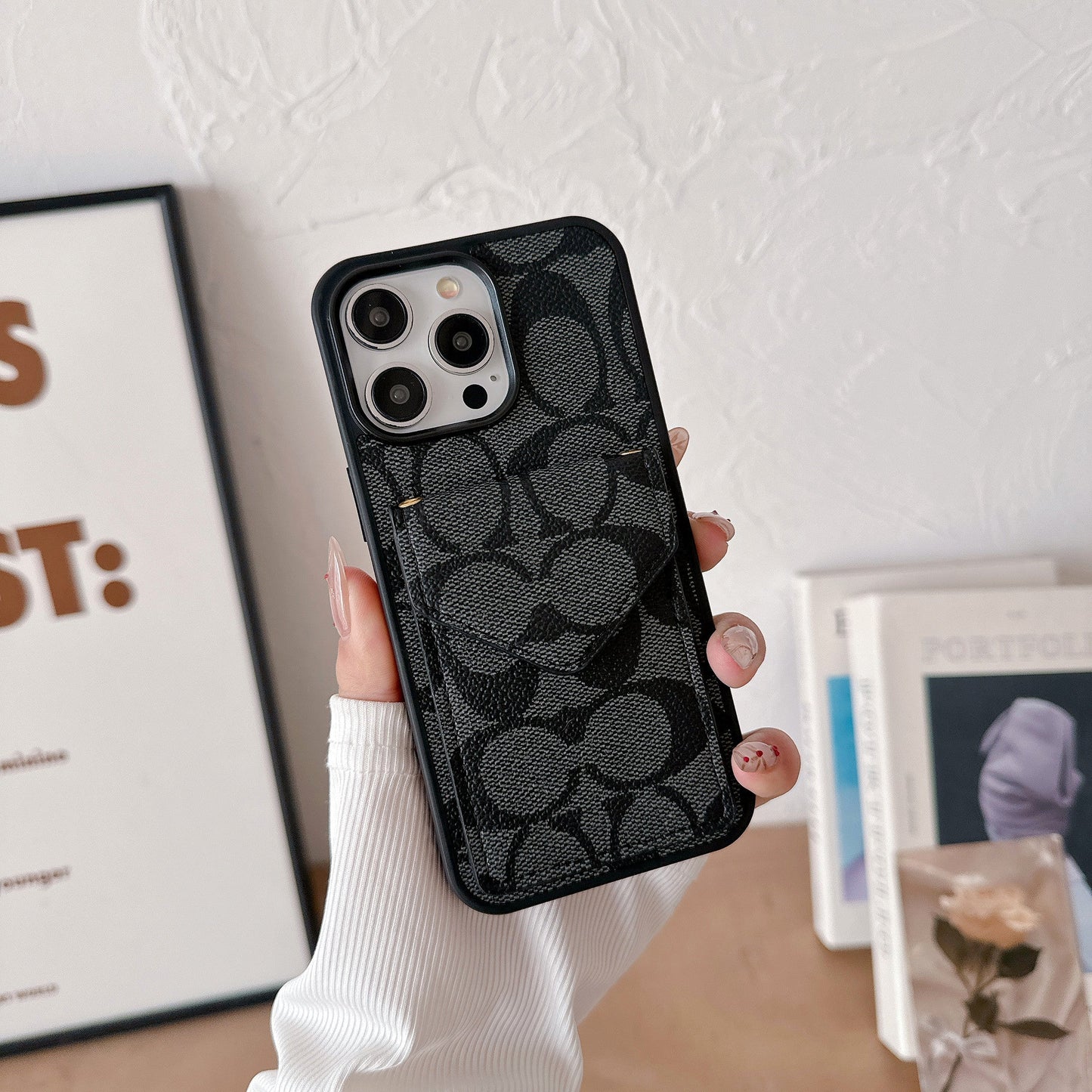 Classic iPhone Case With Card Holder And Strap Light Black
