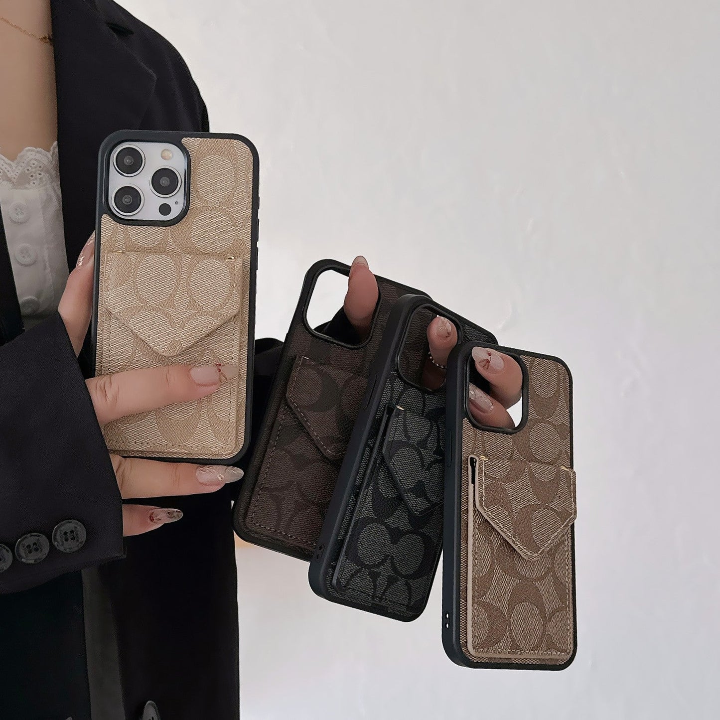 Classic iPhone Case With Card Holder And Strap Light Black