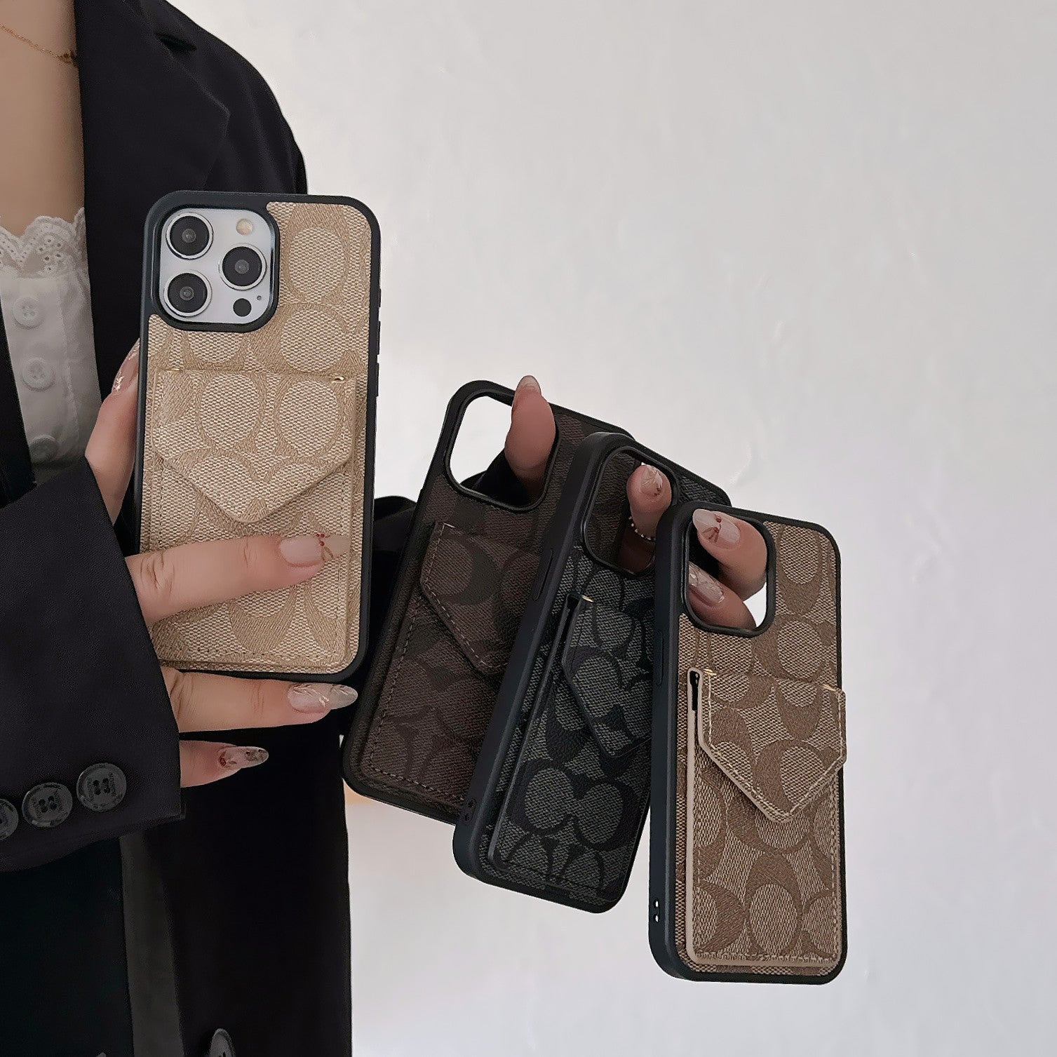 Classic iPhone Case With Card Holder And Strap Light Black
