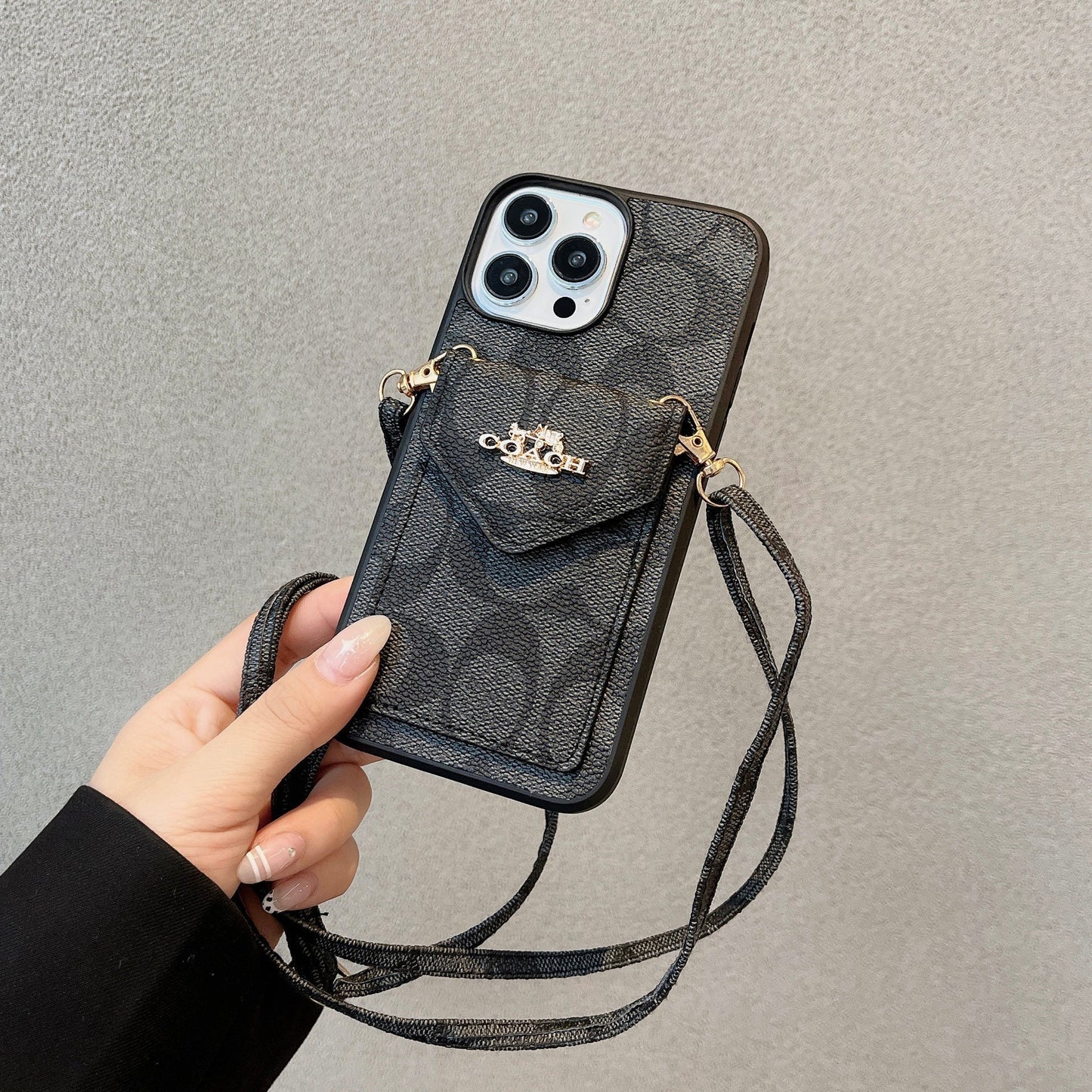 Classic iPhone Case With Card Holder And Strap Light Black