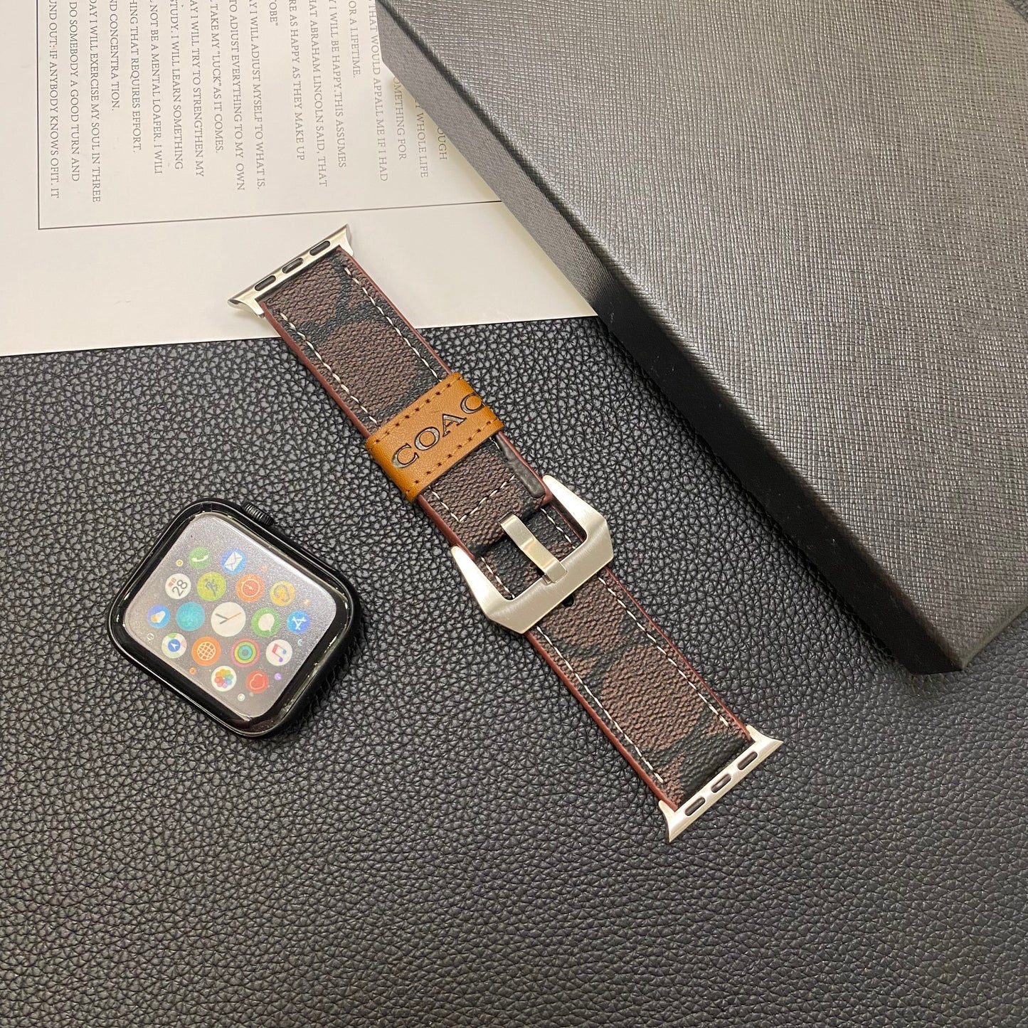 Leather Coach Apple Watch Band Dark brown-