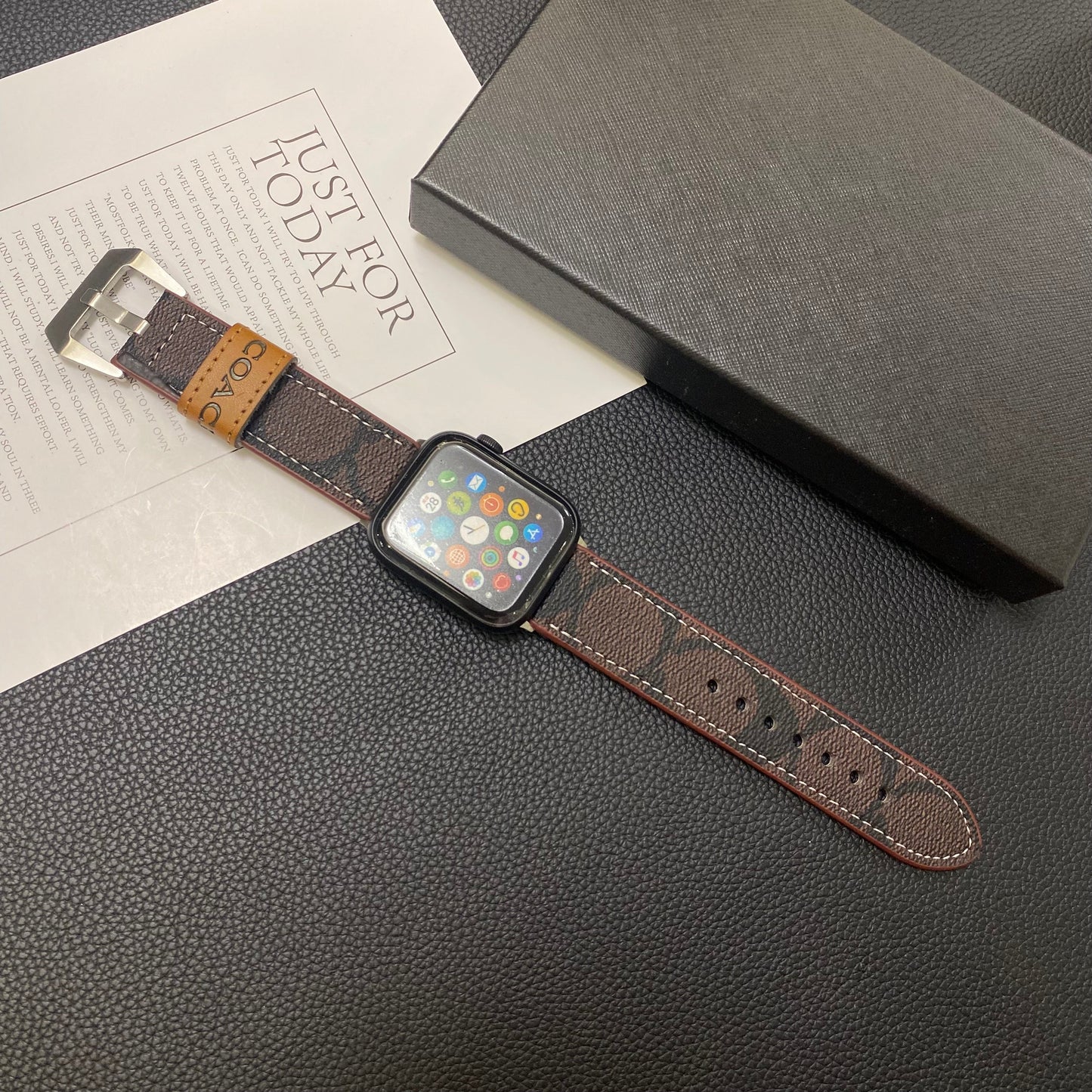 Leather Coach Apple Watch Band Dark brown-
