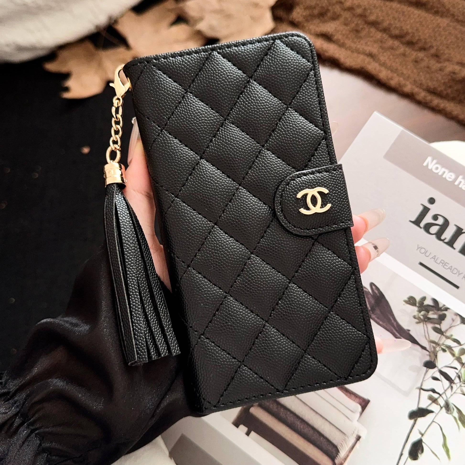Luxury Quilted Wallet iPhone Case with Tassel & Gold Clasp