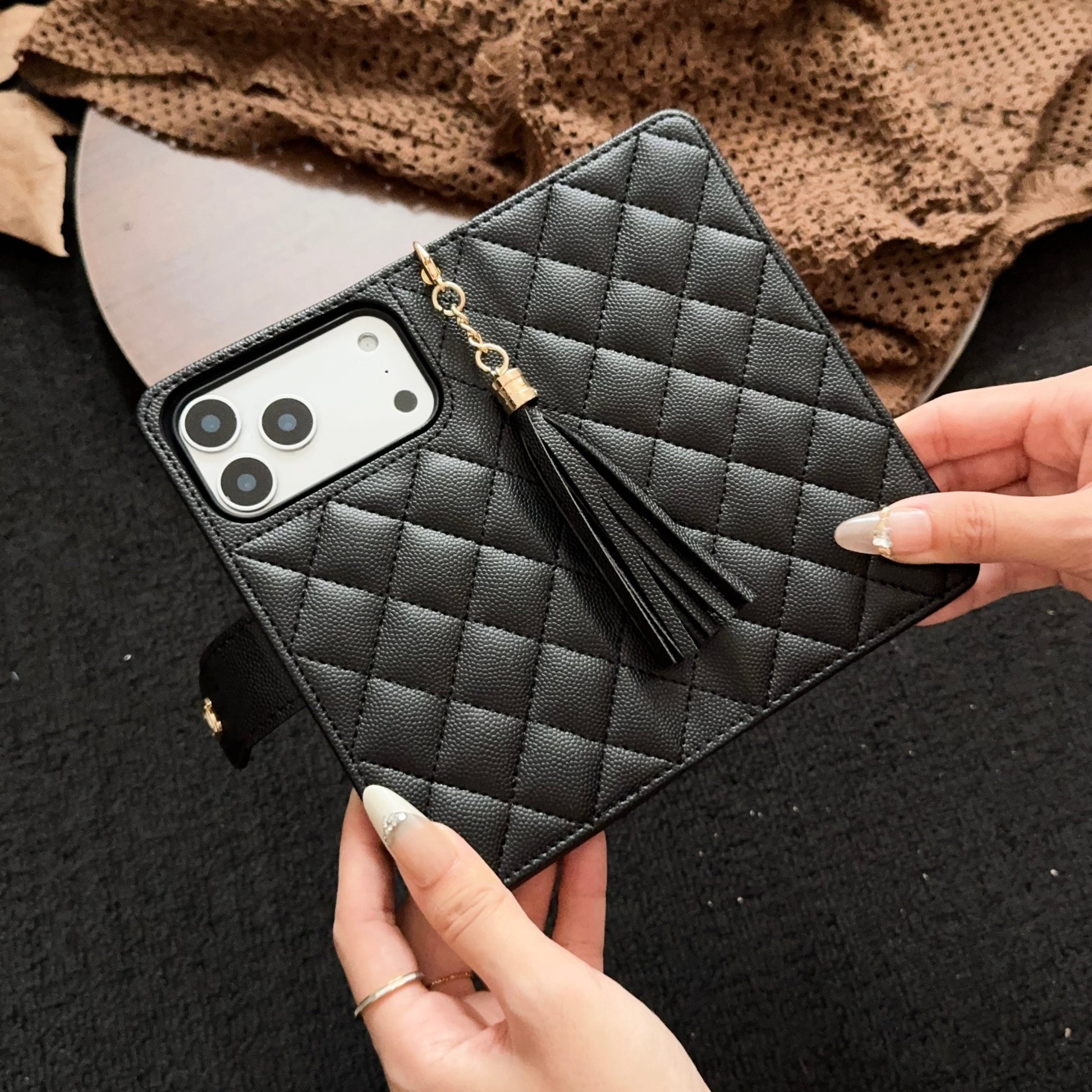 Luxury Quilted Wallet iPhone Case with Tassel & Gold Clasp