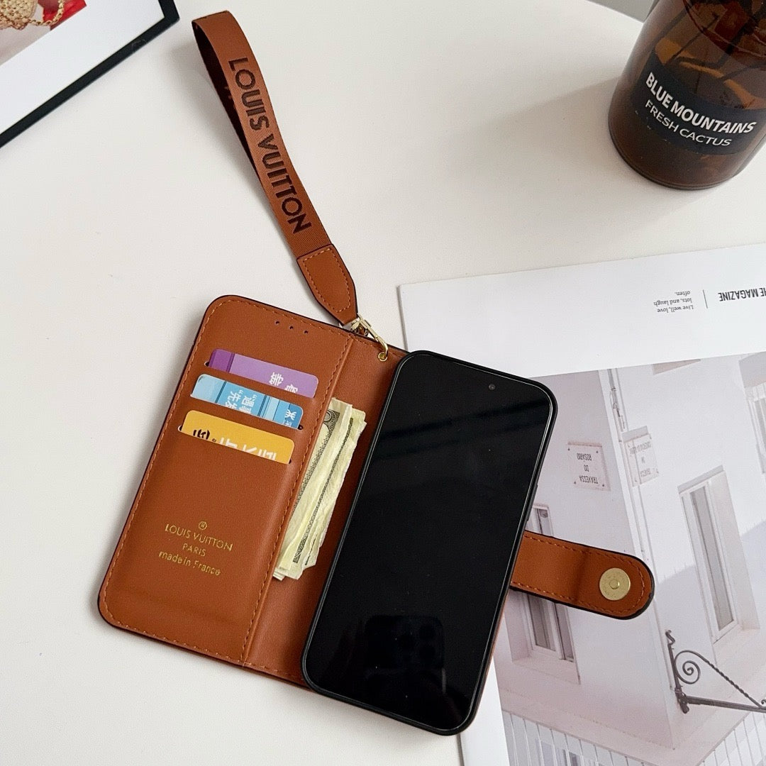 Luxury Pattern Wallet iPhone Case with Card Holder and Strap