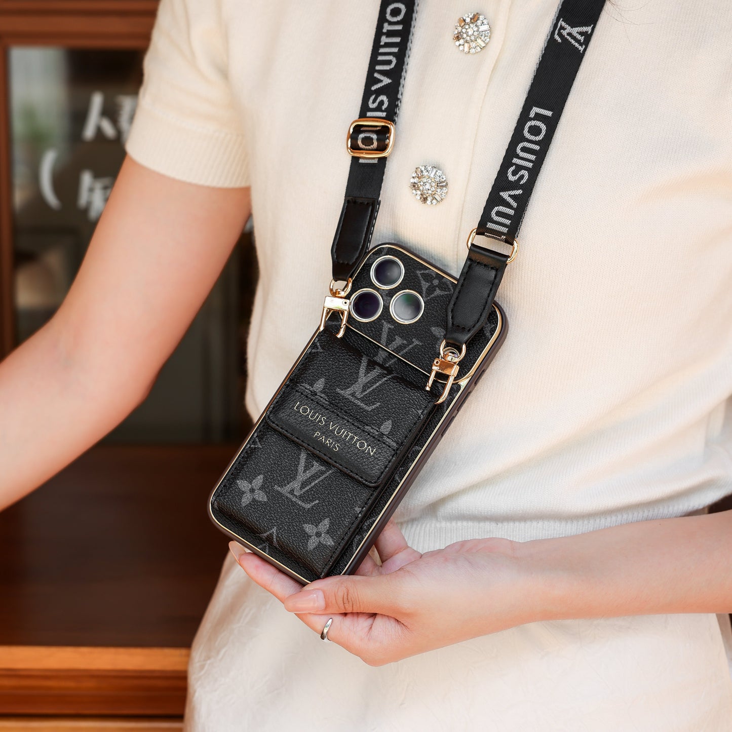 New Classic Luxury Card Holder iPhone Case with Crossbody Strap 012