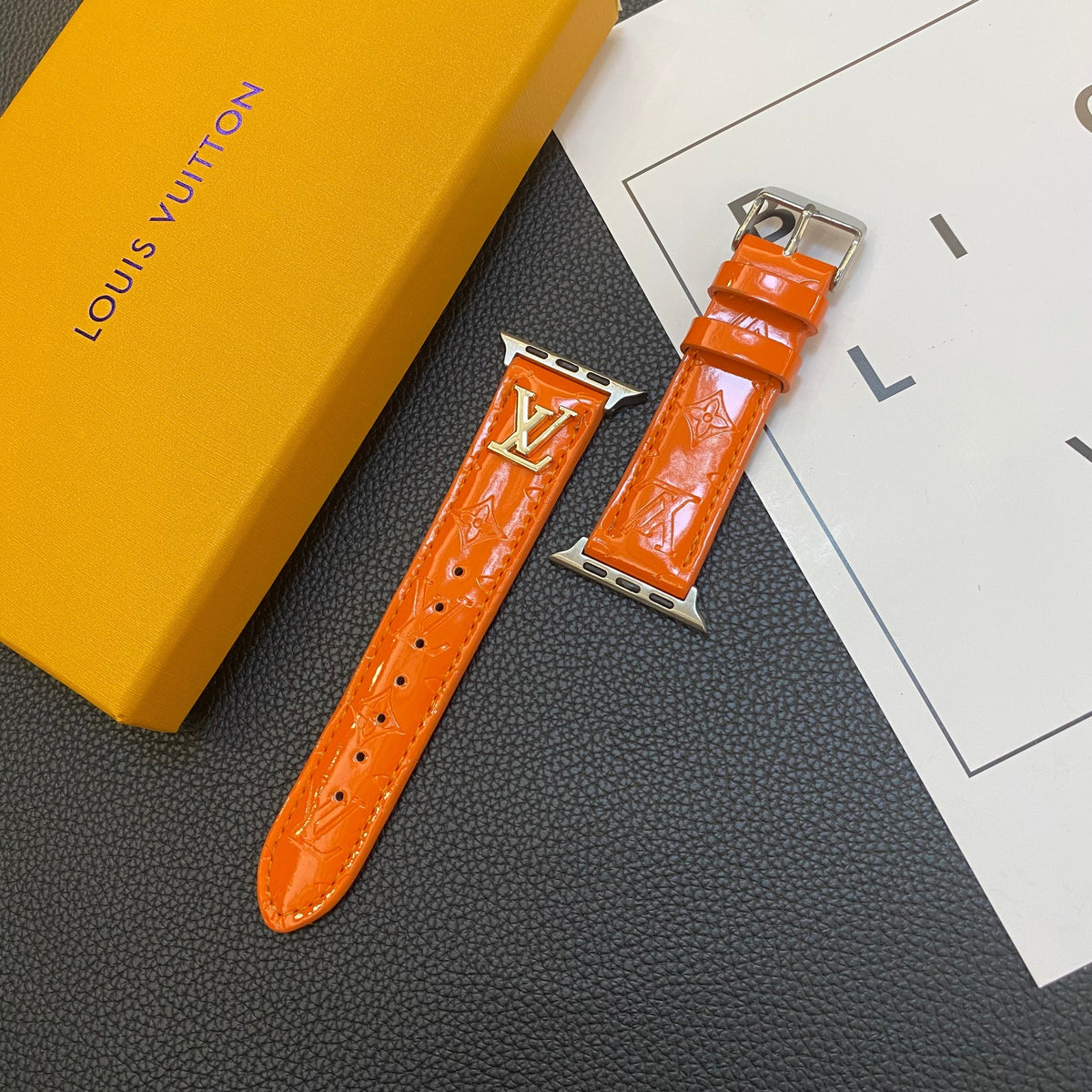 GLOSSY LEATHER APPLE WATCH STRAP LUXURY METAL LOGO