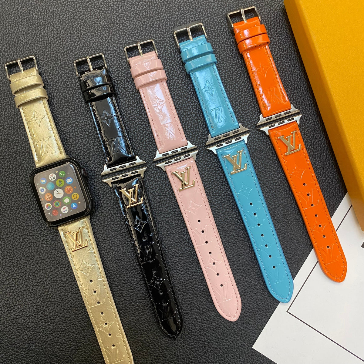 GLOSSY LEATHER APPLE WATCH STRAP LUXURY METAL LOGO